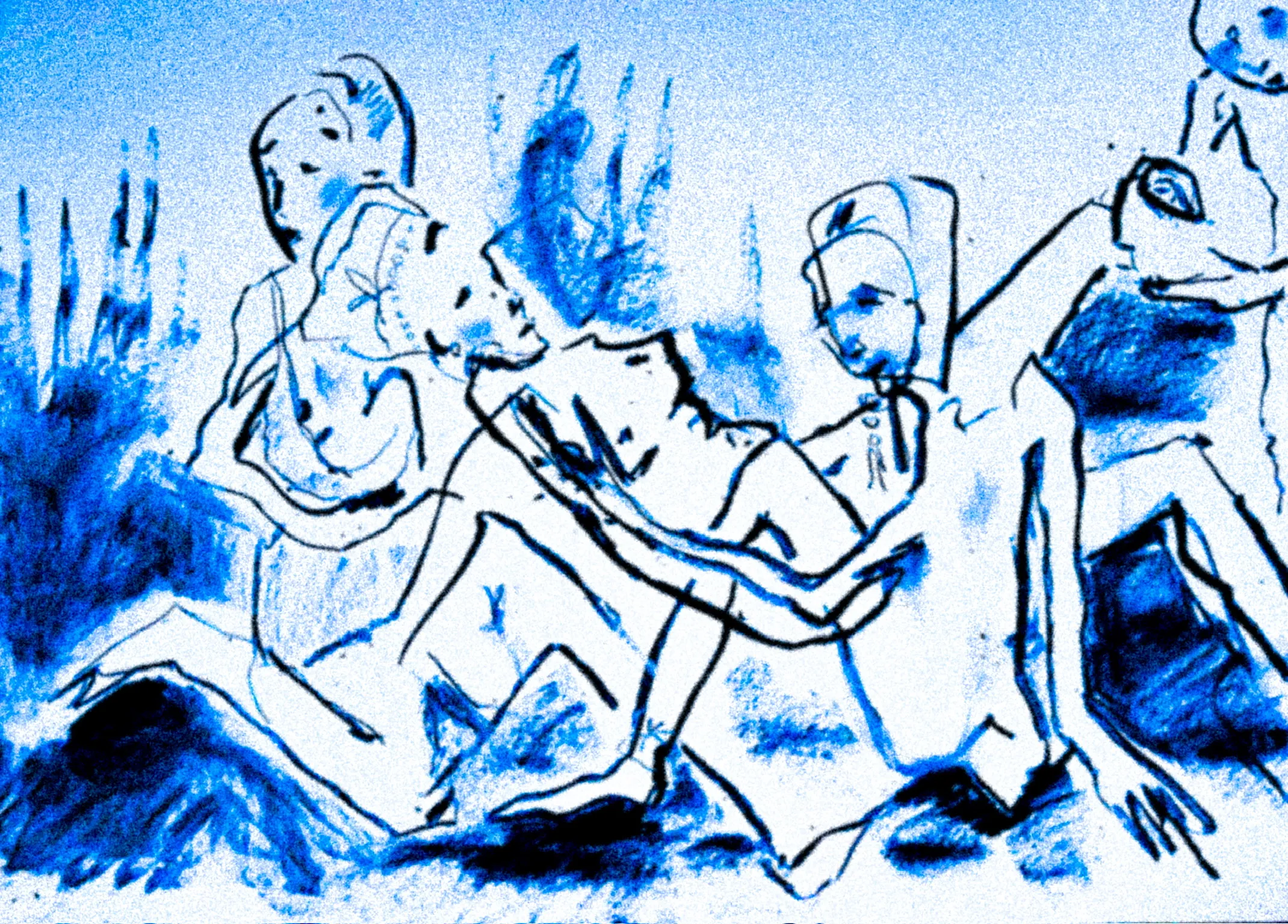 Die Arbeit „Lager, blau“ in Tusche auf Papier, Querformat.