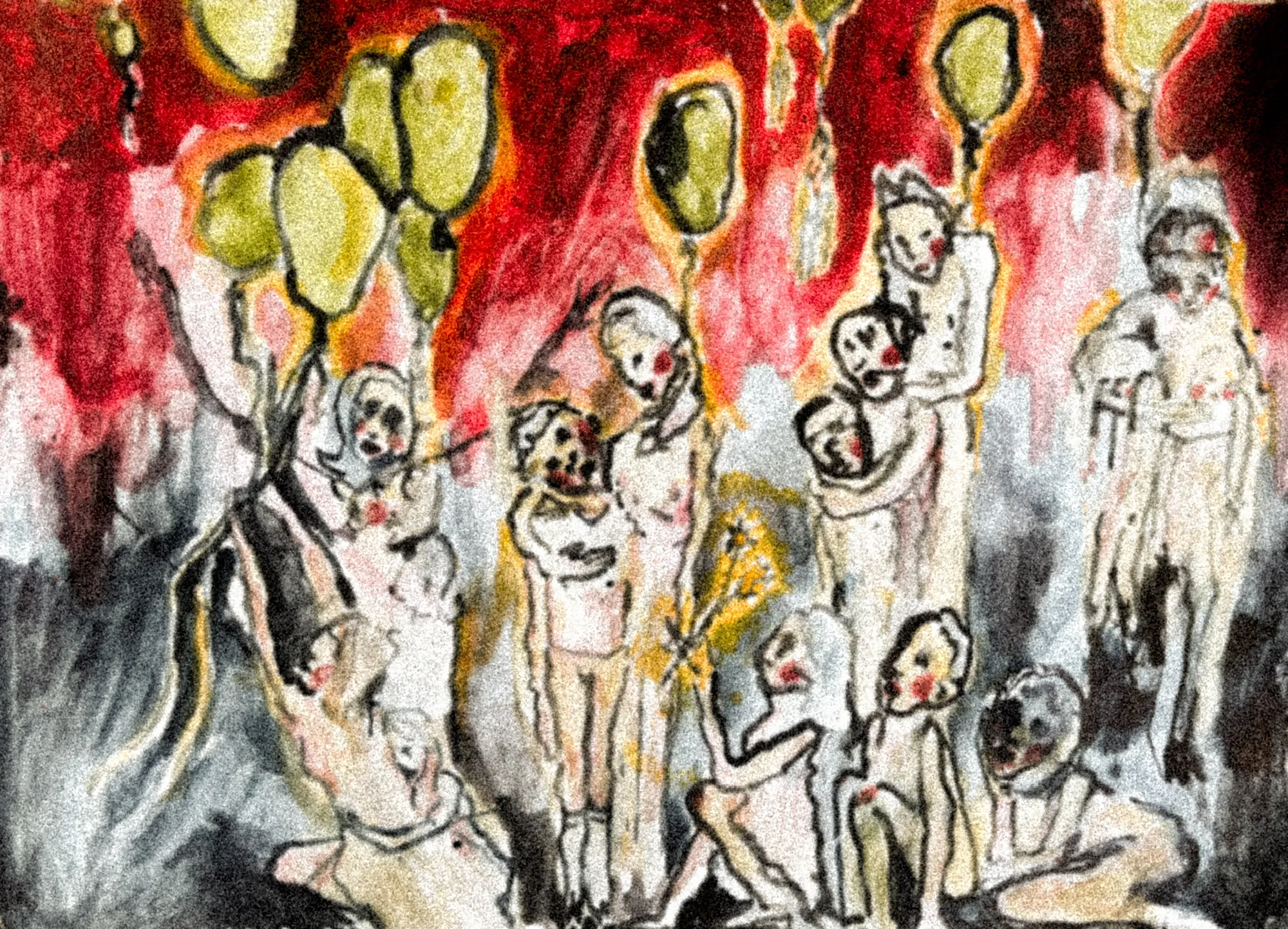 Die Arbeit „Ballons“ in Aquarell und Tusche, Querformat.