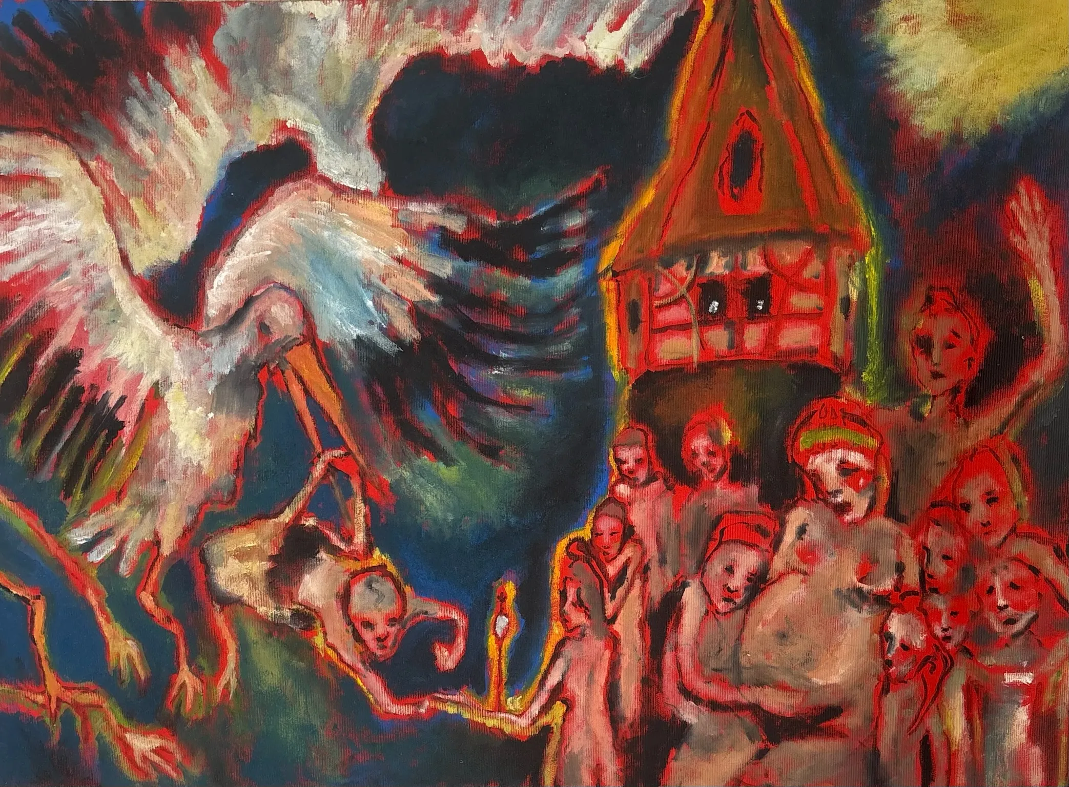 Die Arbeit „Ankunft“ in Öl auf Leinwand, Querformat.