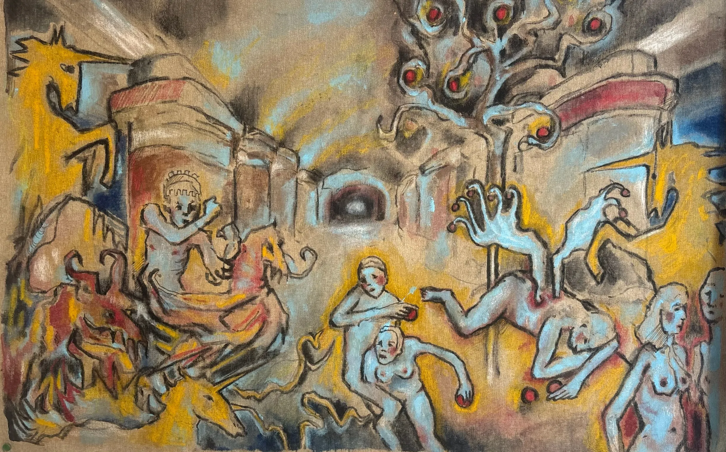 Die Arbeit „Burg“ in Mischtechnik auf Jute, Querformat.